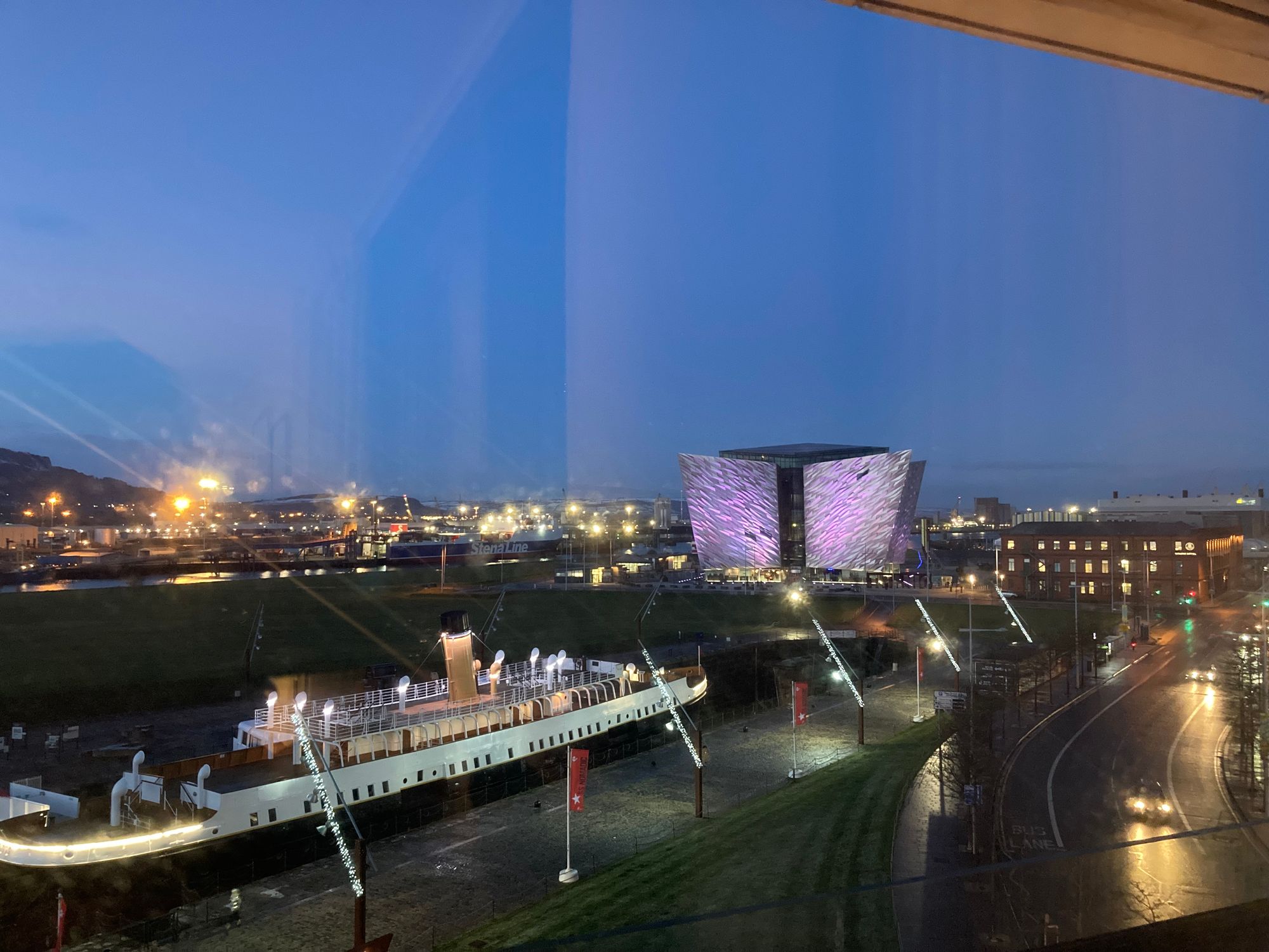 View from my new apartment including a ship and the Titanic museum in Twilight.
